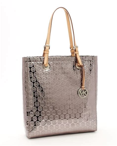 michael kors monogram mirror metallic north south tote nickel|MICHAEL Michael Kors Monogram Mirror Metallic North/South Tote.